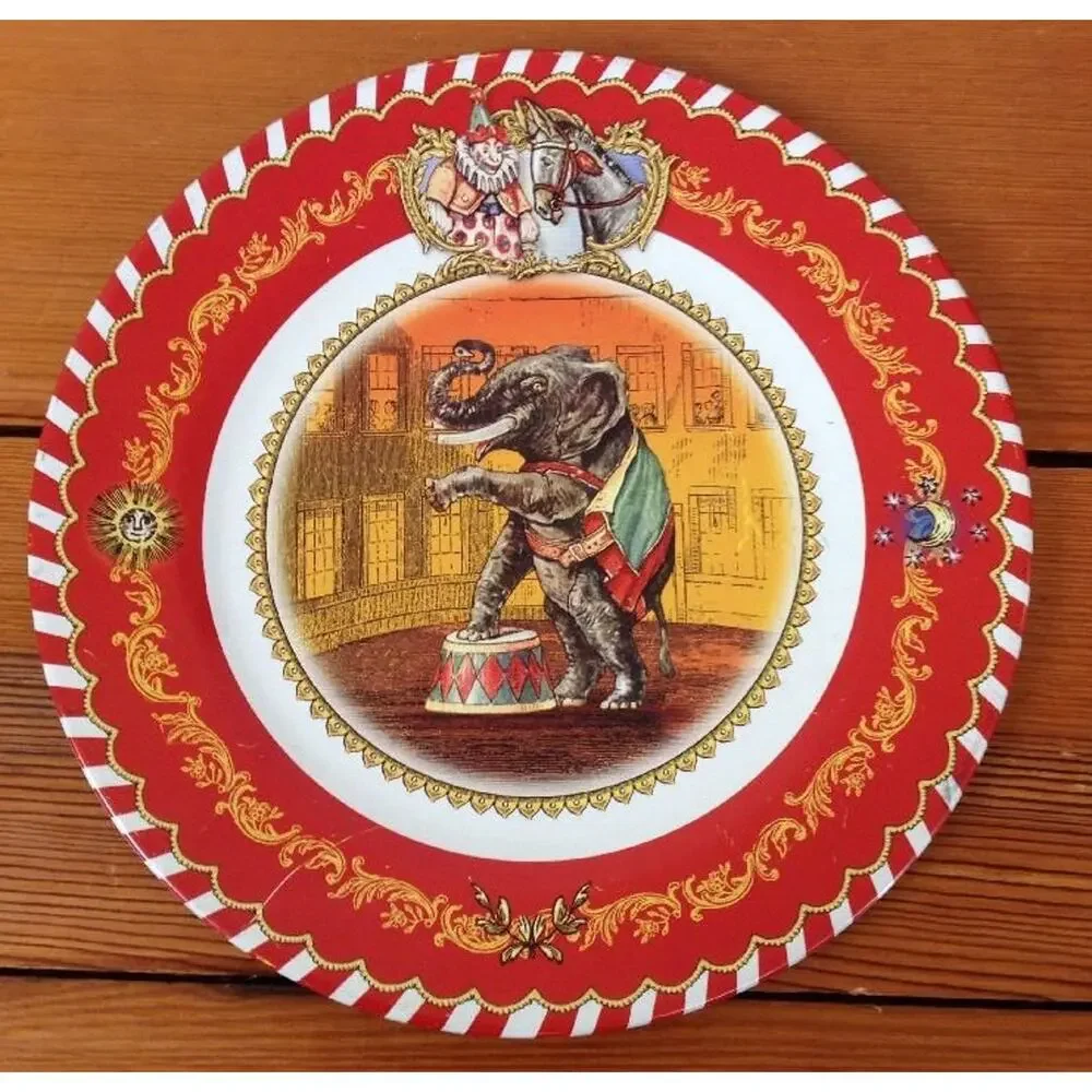 Vtg Restoration Hardware Red Enamel Metal Plate Antique Circus Elephant Clown